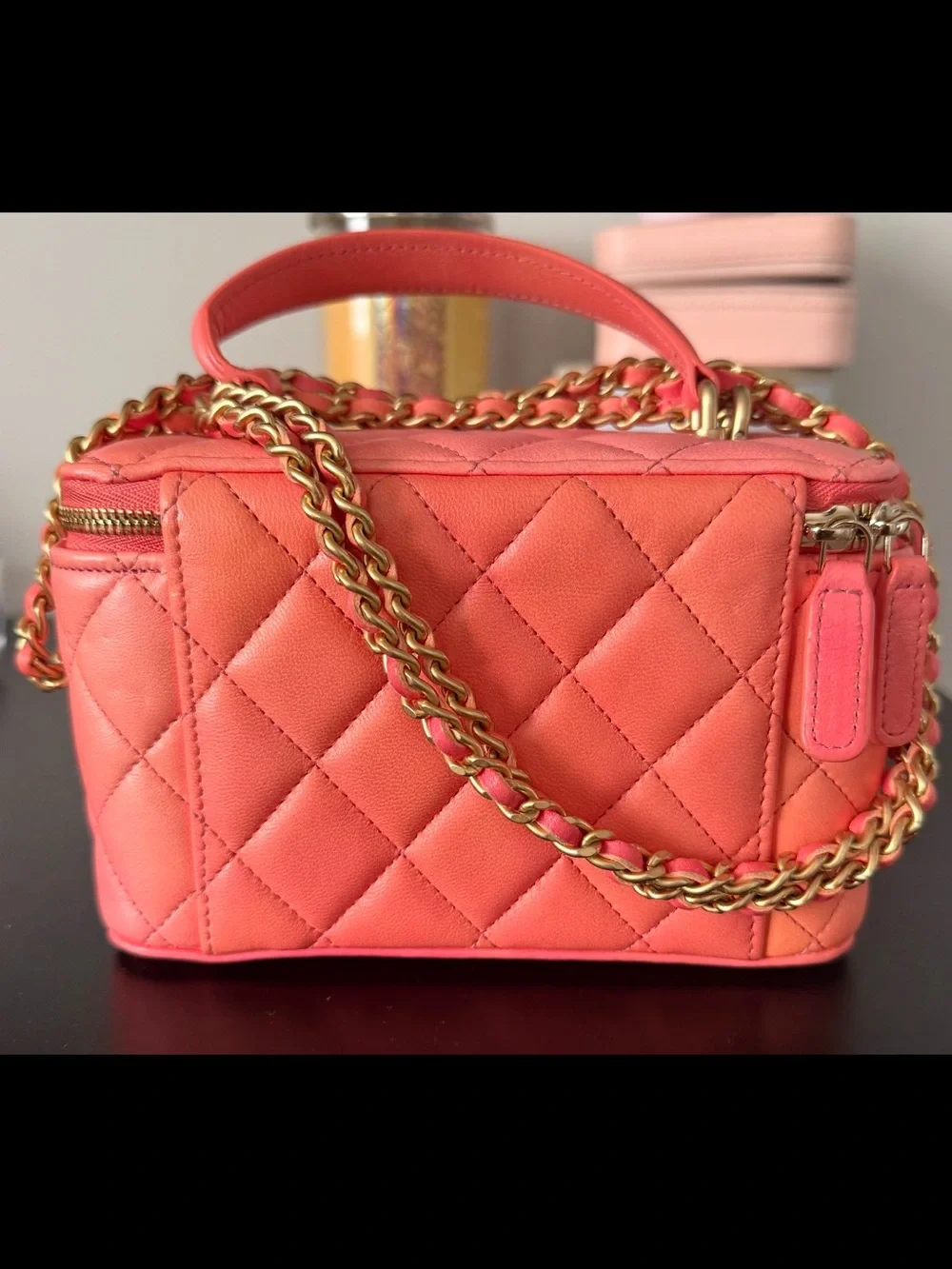 Chanel Quilted Vanity Lambskin Coral with Gold chain